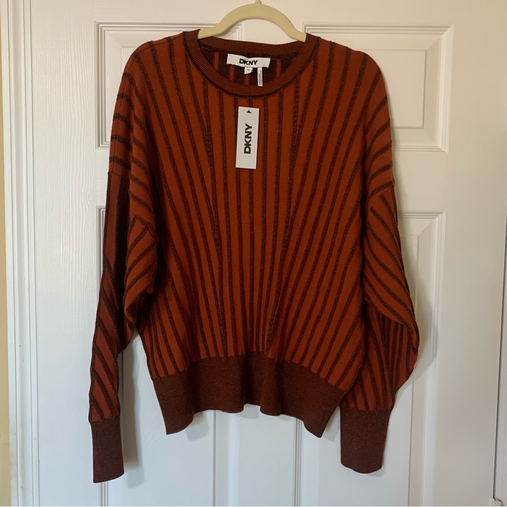 DKNY Women's Rust and Black Long Sleeve Striped‎ Sweater XL